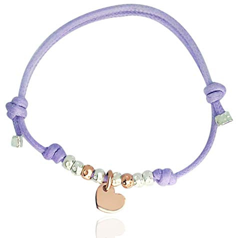 ViMon Gioielli, BRACCIALE cordino con ciondolo CUORE rosato, granelli martellati, in ARGENTO 925, cordino disponibile in vari colori