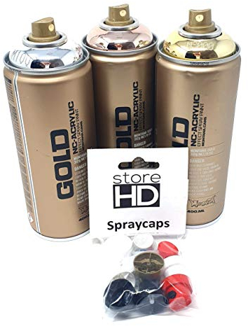 Montana Gold Sprühdosen Set, Gold + Silber + Copper Chrom-Farben + 10 Ersatzsprühköpfe - 3 x 400ml