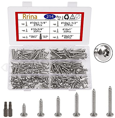 Rrina 214Pcs 304 Stainless Steel Button Head Torx Security Screws Anti-Theft Tamper Resistant Screw Assortment Set, #10 x 1/2'' / 5/8'' / 3/4'' / 1 / 1-1/4'' / 1-1/2'' with T25 Bit