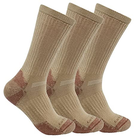 Carhartt Men's Midweight Cotton Blend Crew Sock 3 Pack, Khaki, Medium