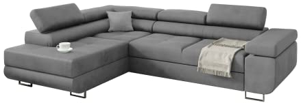 Ecksofa Miami ecksofa mit schlaffunktion und bettkasten, Wohnzimmer ecksofa, Ecksofa mit Bettkasten, Ecksofa in L-Form Sofa mit Schlaffunlktion, Couch L(Grau, Ottomane links)