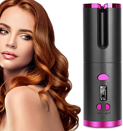 Automatic Hair Curler - Cordless Curling Iron with LCD Display & Adjustable Temperature Setting, USB Rechargeable Professional Hair Curler for Long & Short Hair Styling