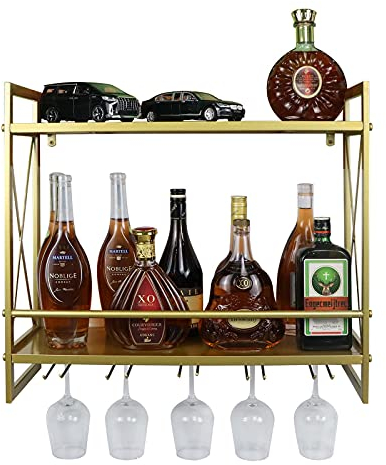 CNNINGYI Metall-Mehrzweckregal, goldene Weinregale an der Wand montiert mit Glashalter, 24,2 Zoll 2-stufige Hängehalterung, Wandhalterung, Flaschenhalter, Glasregal