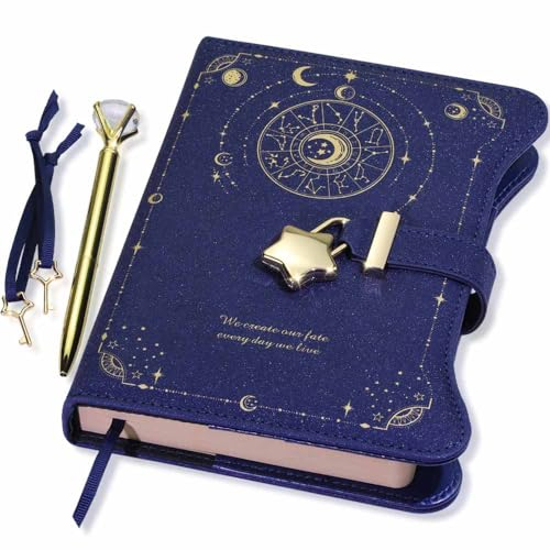 Hoci Poci Diary with Lock and Keys for Girls Gift Ideas, 360 Kraft Pages Journal for Women, B6 Refillable Notebook for Writing with Pen and Bookmark (Astro Blue)