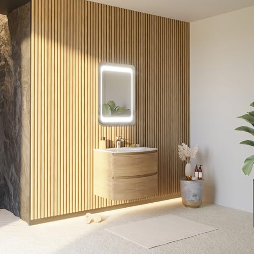 Kiamami Valentina Mueble DE BAÑO Curvo DE 70CM Roble Miel con Lavabo DE Resina| LOS Angeles