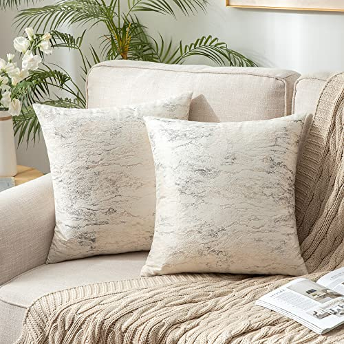 MIULEE Copricuscini in Velluto per Divano Federe Cuscini Stampati d'Oro per Camera da Letto Quadrati Federa Decorativa per Letto Matrimoniale Fodere Moderni 2 Pezzi 40X40 CM Bianco Latte