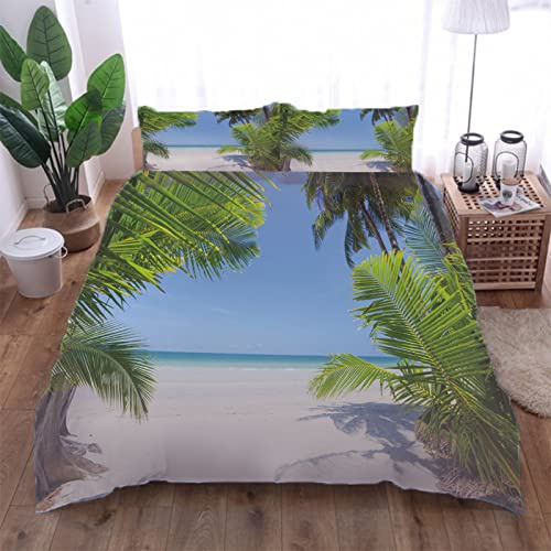 GIMFRY Biber Bettwäsche 135X200 Bettwäsche Set 3 Teilig Flauschige Bettbezug Und 2 Kissenbezüge Mit Reißverschluss 3D Strand Palme Meereslandschaft Druck Muster Microfaser Bettbezüge Für Kinder