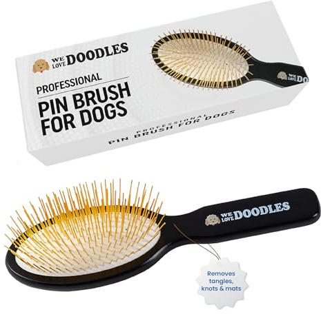 We Love Doodles Pin Brush for Dogs, Pet Grooming Detangler Pin Dog Brush, Dog Brush for Shedding and Removing Loose Fur, Lightweight Beech Wood with Gold Plated Pins for Long Hair Pets