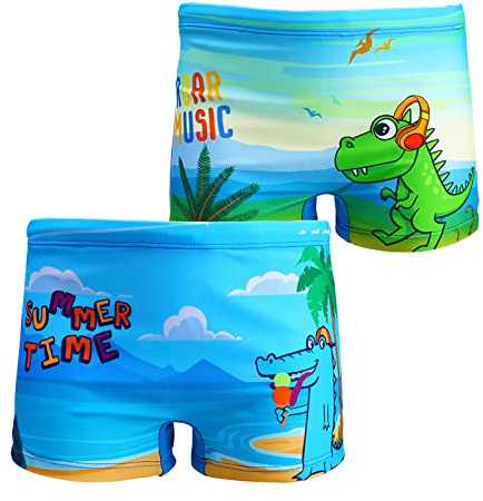 NautySaurs 2er-Pack Jungen Badehose 1-10 Jahre Kinder Bademode Kleinkind Kinder niedliche Dinosaurier Shorts, Dinosaurier, Beach und Music, 7-8 Jahre