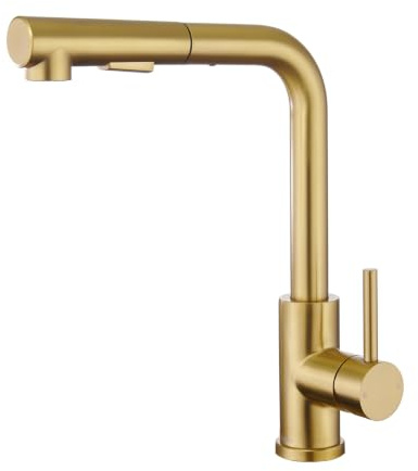 Tohlar Gold Kitchen Tap, Taps with Pull Out Sprayer, Brushed Stainless Steel Mixer 1 Hole 360° Swivel Spout Magnet Bar Sink Faucet 2 Water Modes, Single Lever Tap in Gold, (S048)