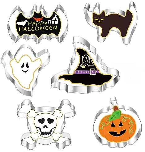 RUIYWEN Juego de 6 Cortadores de Galletas de Halloween en Forma de Calabaza Fantasma Murciélago Gato, Moldes de Acero Inoxidable para Galletas Fondant Chocolate