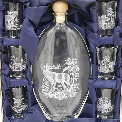 GTK - Geweihe & Trophäen KRUMHOLZ Lot de 7 verres à liqueur avec carafe haut - Décor de chasse - Motif de chasse - Blanc - Dans un carton cadeau