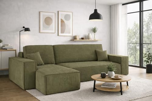 Kaiser Möbel, Ecksofa mit schlaffunktion, mit Bettkasten, Schlafsofa Best, Designer Sofa, Modern Design Couch, Polsterecke, Freistehend, Dicker Cord, Olive Links