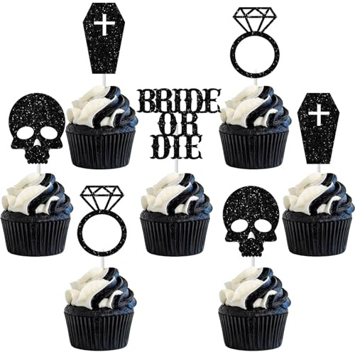 Jollyboom Gothic Hen Party Decorations, Rip Single Life Decorations 24PCS Black Glitter Bride or Die Cupcake Toppers Cross Tombstone Cake Topper Decoration for Wedding Engagement Party Bridal Shower