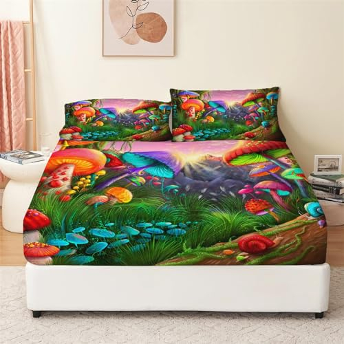 Modello Colorato di Funghi Psichedelici Lenzuolo con Angoli 140x200cm + 2 Federe Morbida Biancheria da Letto in Microfibra Spazzolata Lenzuolo con Angoli Tasca Profonda 30 cm, per Bambini Adulti