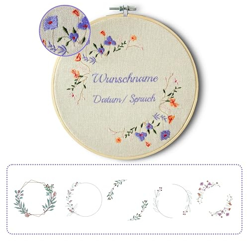 Stickrahmen mit Namen und Datum bestickt - Personalisierte Wanddekoration als Geschenk zur Geburt oder Taufe (Beige)