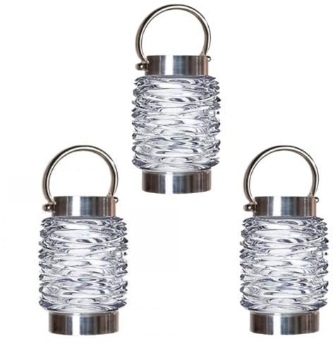 Garden Mile Set mit 3 Wellenlaternen, 10 l, für den Außenbereich, 20 cm, Edelstahl, solarbetrieben, wasserdicht, Außenbeleuchtung, ideal für Gärten, Terrassen, Tische, hängende Wegbeleuchtung