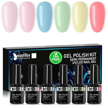 Beautilux Beautilux Gel Nagellack Semipermanent TPO&HEMA Frei, Pastell Farben, 6 Stück 10ml HEMA-FREE Pastell Gel-Nagellack, Rosa Lila Blau Grün Gelb Farben Gelnägel für Nail Art Frühling Sommer
