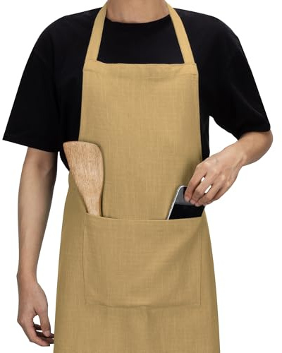 JEMIDI Grembiule Cucina Donna Uomo - Grembiuli da Lavoro - per Cuoco Cameriera Cameriere di Sala e Pasticcere - 100% Cotone - con Laccio Regolabile - Lavabile in Lavatrice - Beige