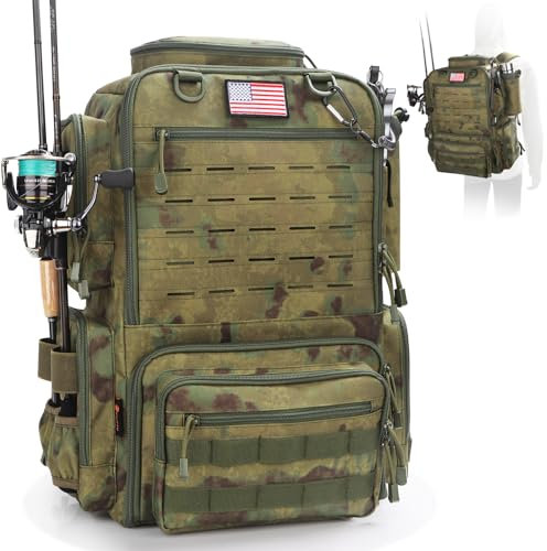 FunVZU Angelausrüstungsrucksack, wasserabweisender Angelrucksack mit Rutenhaltern für 4 Boxen (Boxen nicht im Lieferumfang enthalten), Grün (Forest Green) Camouflage, Angeln