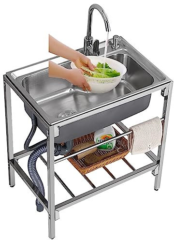 Fregadero de garaje Fregadero de acero inoxidable 304 de un solo recipiente Fregadero para exteriores Fregadero de cocina comercial grande con grifo de agua fría y caliente para lavandería en
