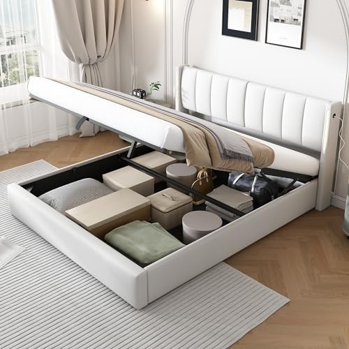 Aoskem Polsterbett Bett 160x200 Doppelbett mit Stauraum, Verstellbares Kopfteil mit LED-Beleuchtung&USB-Buchse, Stauraumbett Bettgestell mit Lattenrost, Rückenlehne Jugendbett, Ohne Matratze, PU Weiß