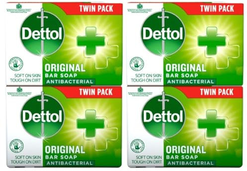 Dettol Soap Original Antibacterial Bar - 2 Twin Pack, 4 x 100g Antibacterial Hand & Body Soap Bar – Disinfects and Kills 99.99% of Germs, Ideal for Handwashing and Cleansing