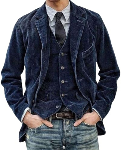 Men's Vintage Corduroy Lapel Jacket: Winter Corduroy Blazer Elegant Plain Cord Lapel Pocket Jacket Softshell Jacket with Chest Pocket Simple Casual Jacket for Weddings, Banquets, Proms