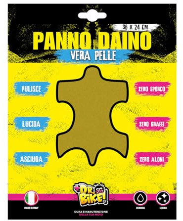 DR.BIKE Panno Pelle di daino per moto professionale 36x24cm. Panno asciugatura moto 36x24cm. Panno multiuso. Pulizia moto. Vera pelle ideale per carene, cromature, plastiche, parabrezza, specchi.