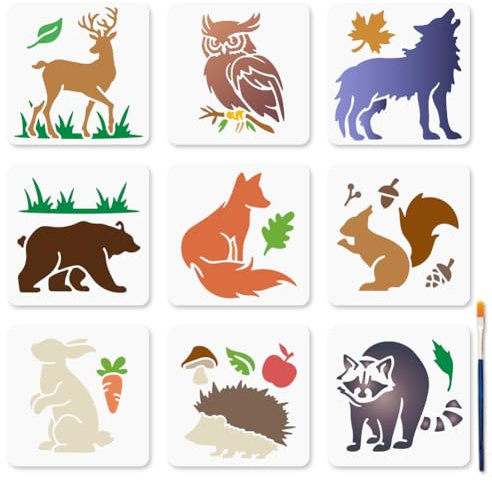 MAYJOYDIY 9Pcs Woodland Animals Painting Stencils Deer Owls Wolves Template 15x15cm Bear Fox Squirrel Rabbit Plastic Reusable Stencil with Paint Brush for Wood Wall Window DIY Craft