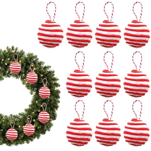 Weihnachtsbaumkugel-Dekorationen – 10 x flauschige Zuckerstangen-Kugel-Ornamente | 6,9 cm rot-weiße Ornamente für Feiertage, Hochzeitsdekoration