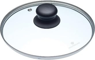 Glass Lid with Stainless Steel Rim, Black Knob and Vent, for Casseroles, Saucepans, Frypans (20 cm Dia. Blacklite Knob)