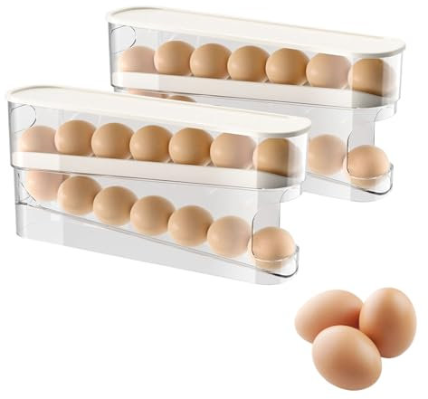 Gzsekken Egg Dispenser - Fridge Roll Down Stackable With Lid Trays Container Holds 12 Eggs 2 Tier Egg Container Storage Basket Rolling Holder for Kitchen Countertop Organizer-2pack