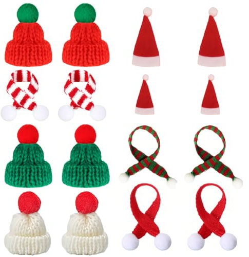 AFCJLTO 16-teiliges Mini-Weihnachtsmütze und Mini-Schal, Finger Kleine Nikolausmützen, Lutscherhut, Flaschenverschluss, Dekoration, Hut mit Schal für Weihnachtsfeier Dekor, Flaschendeko und Tischdeko