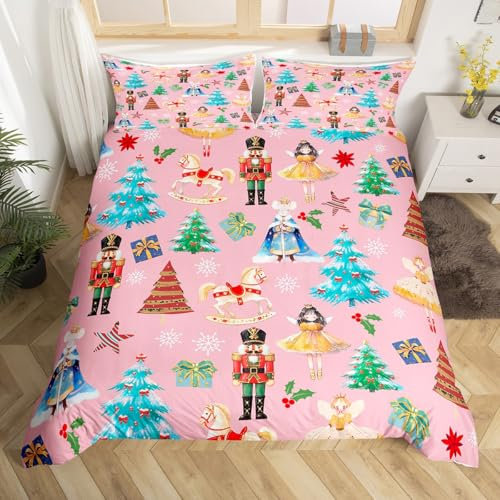 Christmas Duvet Cover Super King for Kids Boys Girls,Christmas Nutcracker Bedding Set,Merry Christmas Reversible Bed Sets,Pink Christmas Quilt Cover with 2 Pillowcases Microfiber