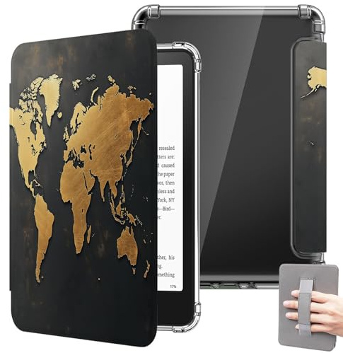 Hülle für 7 Kindle Paperwhite 12. Generation 2024 & Kindle Colorsoft Signature Edition 2024, leichte transparente Schutzhülle mit Handschlaufe und automatischem Wake/Sleep – Goldene Weltkarte