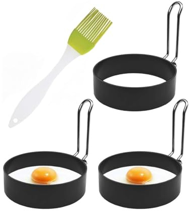 3Pcs Egg Rings, Stainless Steel Egg Rings, Fried Egg Frying Molds with Handle Silicone Brush for Frying Pancake Sandwiches Home Kitchen Breakfast Tools