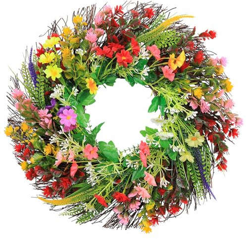 Türkranz Ganzjährig, Frühling Sommer Wildblume Kranz, Türkranz Deko, Türkranz Frühling, Blumenkranz für Zuhause, Party und Festival-Dekoration (45 cm)