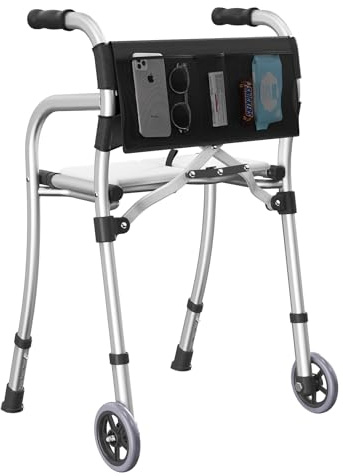 Narrow Walkers for Seniors, Folding Standard Walker with Seat, Lightweight Aluminum Mobility Rolling Walker for Seniors and Adults, Compact Travel Walker Height Adjustable, Supports 350 lbs，Only 8LBS