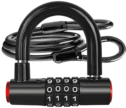 V·RESOURCING Set di 4 lucchetti a U con combinazione digitale e cavo flessibile in acciaio sigillato da 1,2 x 1,2 cm, resistente, antifurto, per bici da strada, bici elettriche, mountain bike, bici