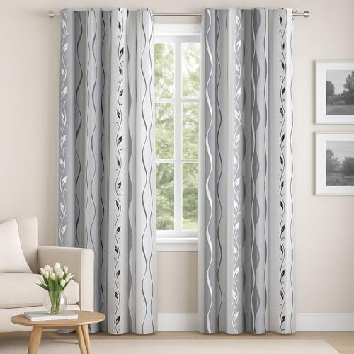 Gardinen Vorhangen Tenda Grigia 140x160 cm (LxA) Mondego in Raso con Motivo Floreale Grigio Argento Pronta da Appendere