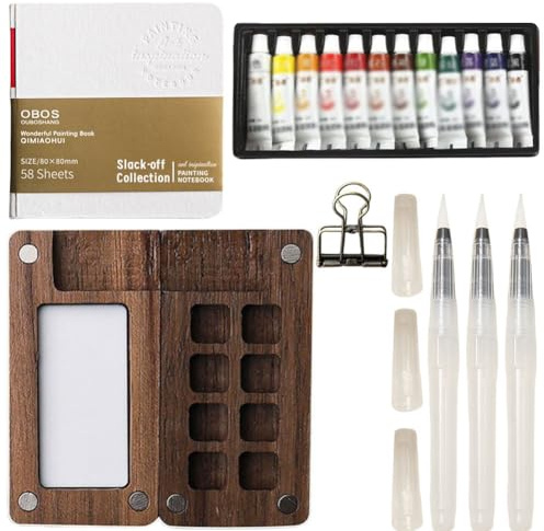 Tobios Mini Aquarell-Set, tragbares Mini-Aquarellfarben-Set for unterwegs, Pocket Artist Aquarellpalette, Skizzenbuch-Palette Pocket Reise-Malfarben-Box mit Metallclip, Aquarellstift
