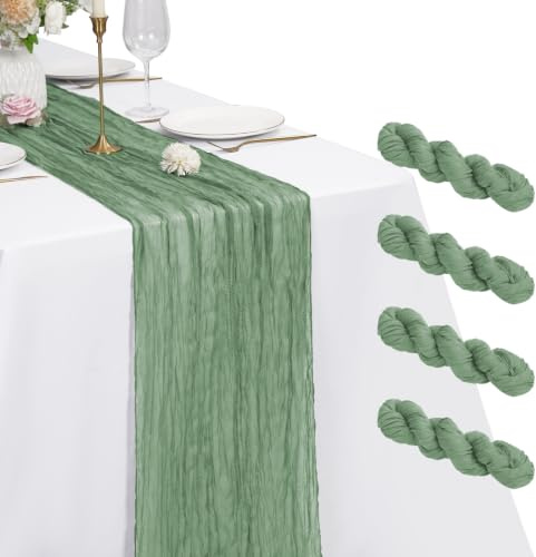 Pesonlook 4-pack ostduk bordslöpare, salviagrön, lång, 53 x 305 cm | 30 m rustik boho-gas-bordslöpare, skrynklig textur, mjuka, romantiska dekorationer för bröllopsfest middag hem