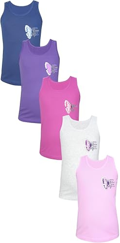 TupTam Unterhemden Mädchen Baumwoll Unterhemd 5er Pack Tank Top Ärmellos Kinder, Farbe: Schmetterling Rosa Lila Grau Dunkelblau, Größe: 122-128