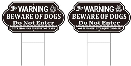 2PCS Beware of The Dog Sign Outdoor Garden, Black 7x14 inches Plastic Dog Warning Signs for Gates and Yard, Weather-Resistant, Metal Stake Included,Easy to Install