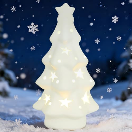 Weihnachtsdeko Innen Keramik Tannenbaum Weihnachtsbaum mit LED Beleuchtung,Lichthaus Weiss Winter Deko Häuser,Keramik Tisch Deko Weihnachten Weiß Tannenbäume Figuren,Winterdeko Weihnachtsbaum Tree