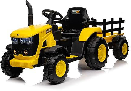 RONIPIC 12v Kids' Electric Ride-on Tractor (Yellow), with Detachable Trailer, Parent Remote, Music, Horn & 7 LED Lights, Ideal Toy for Ages 3+ Boys & Girls