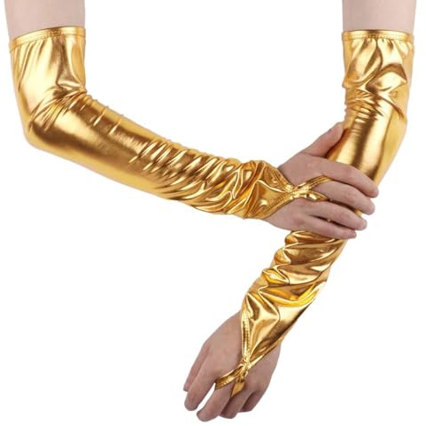 RuiChy Damen Metallic Fingerlose Handschuhe, Lackleder Armstulpen Ellenbogenlang Opernhandschuhe Armwärmer Tanzhandschuhe für Abendparty Maskenball Cosplay Bühnenauftritt Nachtclu Kostüm (Gold)