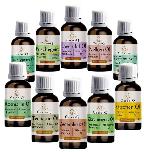 Casse-Q Duftöl 10er Set 10x10 ml – Lavendel, Teebaum, Pfefferminze, Eukalyptus, Zitrone & mehr – Aromatherapie Öle für Diffuser, Sauna & Raumduft