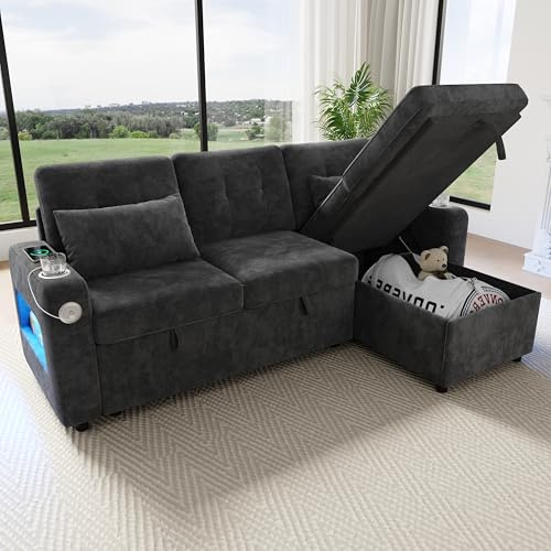 L-Form Ecksofa mit Schlaffunktion, Ausziehbares Schlafsofa Chenille Stoff, Bettkasten, Couch mit USB/Typ-C, Getränkehalter, LED-Beleuchtung, Wohnlandschaft ideal für Wohnzimmer & Apartments (Gray)